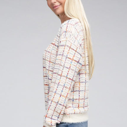 Cute Plaid Pattern Textured Fancy Fashion Knit Top Sweater - Accessoriesforever