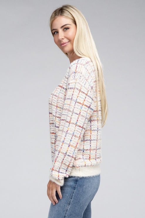 Cute Plaid Pattern Textured Fancy Fashion Knit Top Sweater - Accessoriesforever