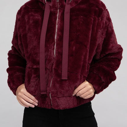 Plush Cropped Teddy Hoodie with Zip-Up Front and Drawstring Hood