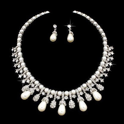 Bridal Wedding Jewelry Set Necklace Crystal TD Pearl Bib Choker Design Silver