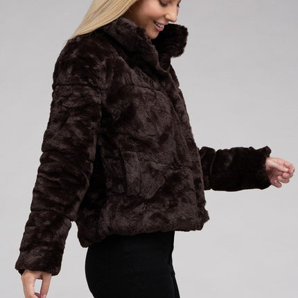 Fluffy Zip-Up Sweater Jacket with Collar and Pockets