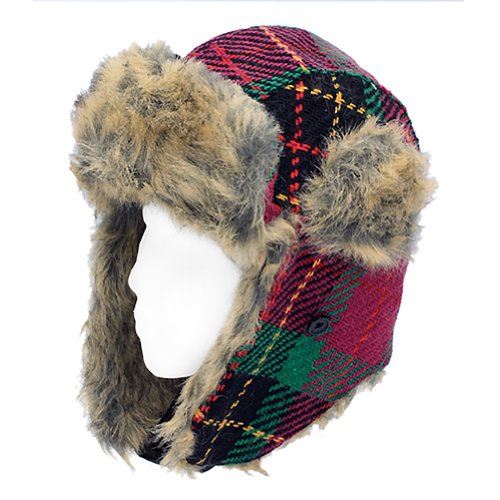 Plaid Design Faux Fur Trooper Aviator Trapper Cold Weather Winter Ski Cap Hat