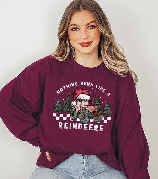 Reindeer Tractor Christmas Holiday Unisex Long Sleeve Graphic Sweatshirt