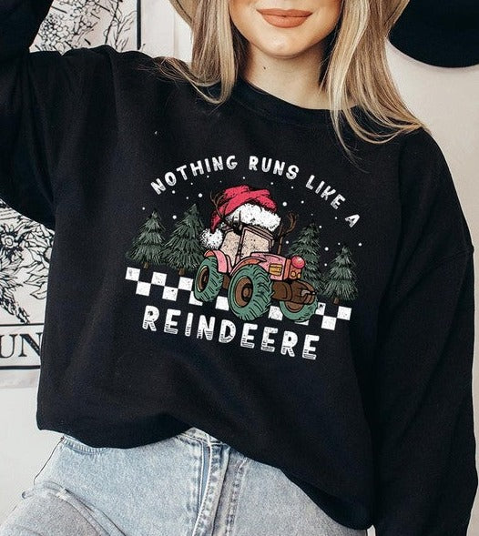 Reindeer Tractor Christmas Holiday Unisex Long Sleeve Graphic Sweatshirt