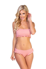 Adorable Solid Ribbed Peach Pink Ruffled Swimwear Tow-Piece Bikini Set