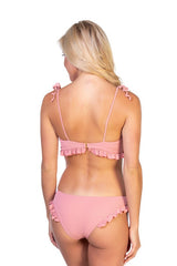 Adorable Solid Ribbed Peach Pink Ruffled Swimwear Tow-Piece Bikini Set