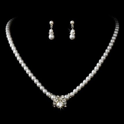 Bridal Wedding Jewelry Set Beautiful Single Strand Pearls Chic Necklace Silver - Accessoriesforever