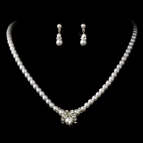 Bridal Wedding Jewelry Set Beautiful Single Strand Pearls Chic Necklace Silver