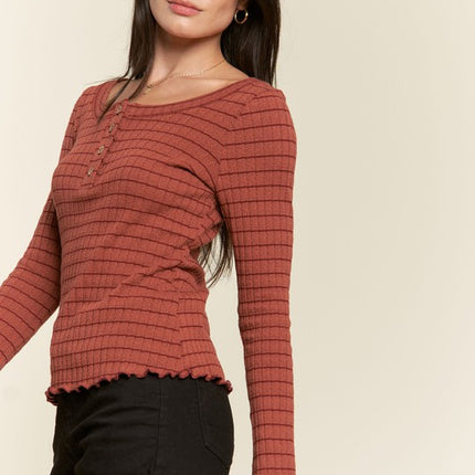 Casual Classic Button Detail Round Neck Striped Fashion Top