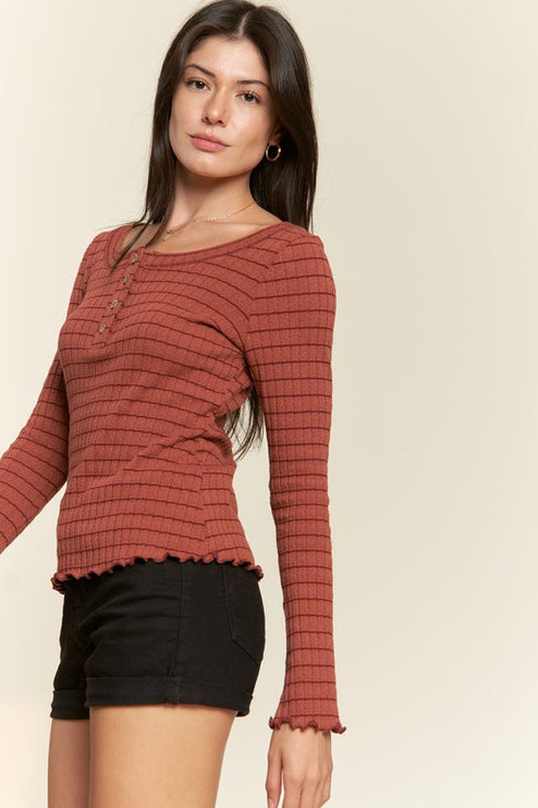 Casual Classic Button Detail Round Neck Striped Fashion Top