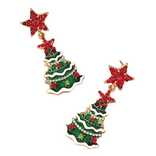 Red Star Accents Sparking Christmas Tree Holiday Fashion Drop Earrings