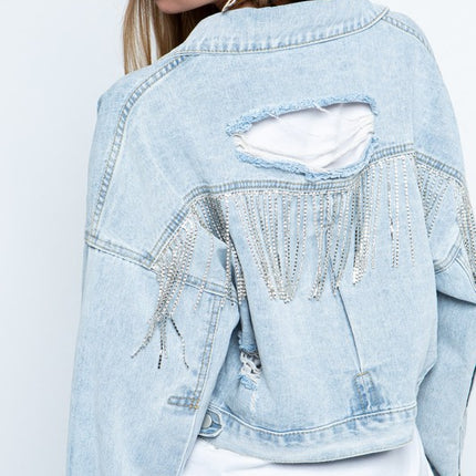 Stylish Rhinestone Fringe Long Sleeve Distressed Denim Jacket