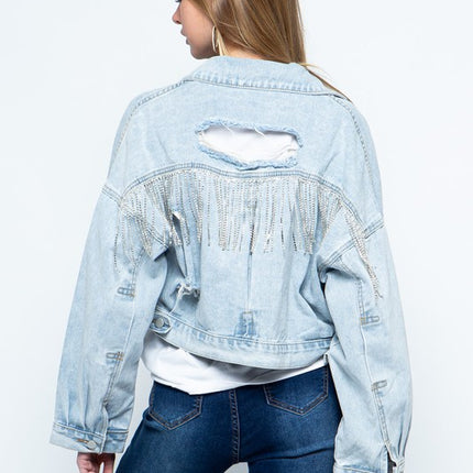 Stylish Rhinestone Fringe Long Sleeve Distressed Denim Jacket