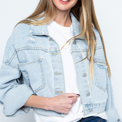 Stylish Rhinestone Fringe Long Sleeve Distressed Denim Jacket