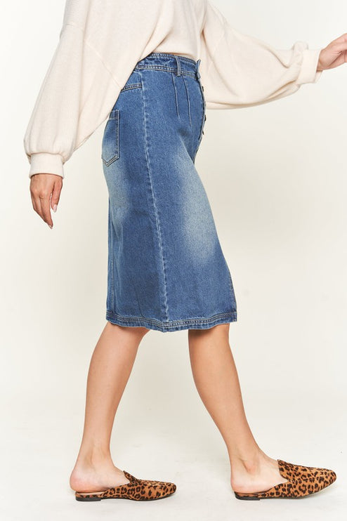 Button-Front Denim Midi Skirt with Front Slit and Elastic Waist