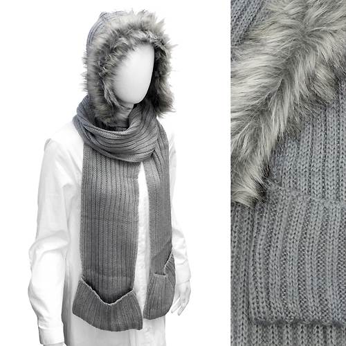Fur Trim Hooded Hoodie Knit 1-Piece Cold Weather Winter Scarf with Pocket