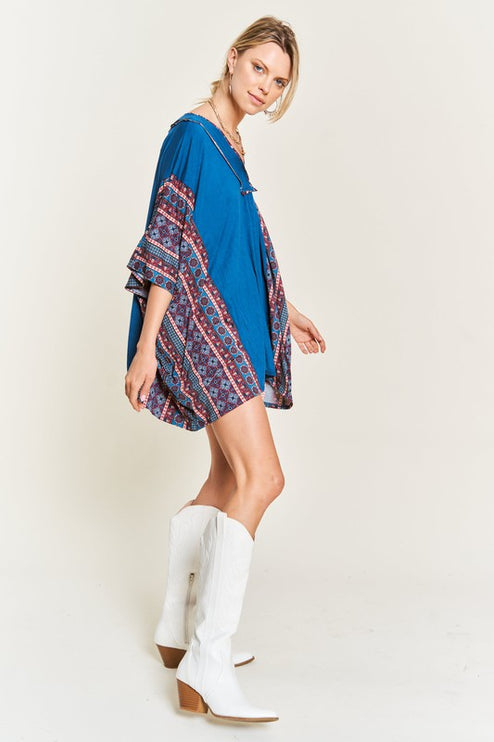 Boho Chic Blue V-Neck Tunic with Stitch Detail