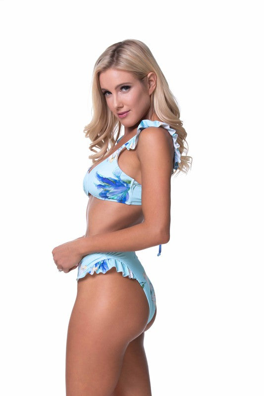 Bright Sky Blue Floral Print Ruffled Trim Swimwear Two-Piece Bikini Set