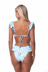 Bright Sky Blue Floral Print Ruffled Trim Swimwear Two-Piece Bikini Set