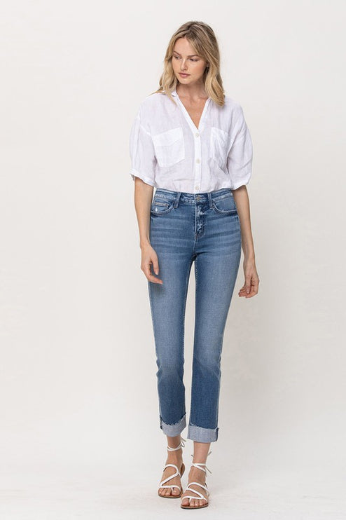 Mid-Rise Single Cuffed Crop Slim Straight Jeans - Accessoriesforever