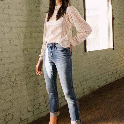 Mid-Rise Single Cuffed Crop Slim Straight Jeans - Accessoriesforever