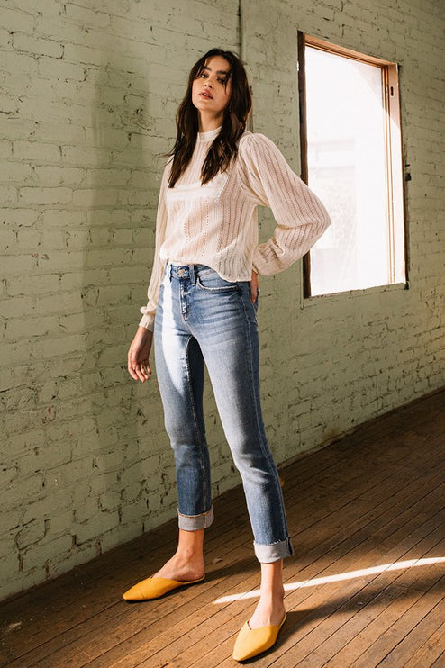 Mid-Rise Single Cuffed Crop Slim Straight Jeans - Accessoriesforever