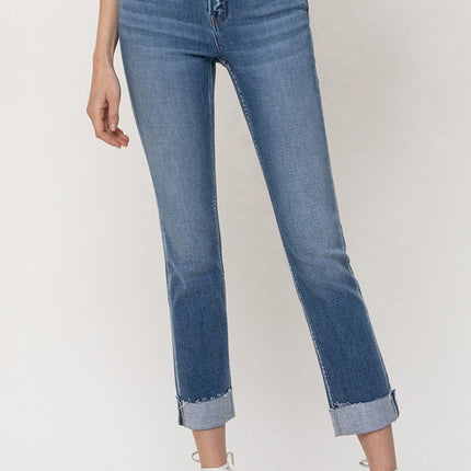 Mid-Rise Single Cuffed Crop Slim Straight Jeans - Accessoriesforever