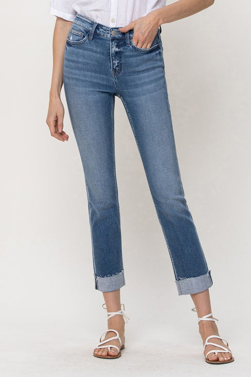 Mid-Rise Single Cuffed Crop Slim Straight Jeans - Accessoriesforever