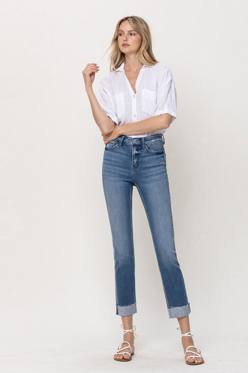 Mid-Rise Single Cuffed Crop Slim Straight Jeans