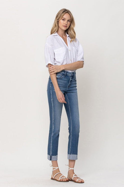 Mid-Rise Single Cuffed Crop Slim Straight Jeans