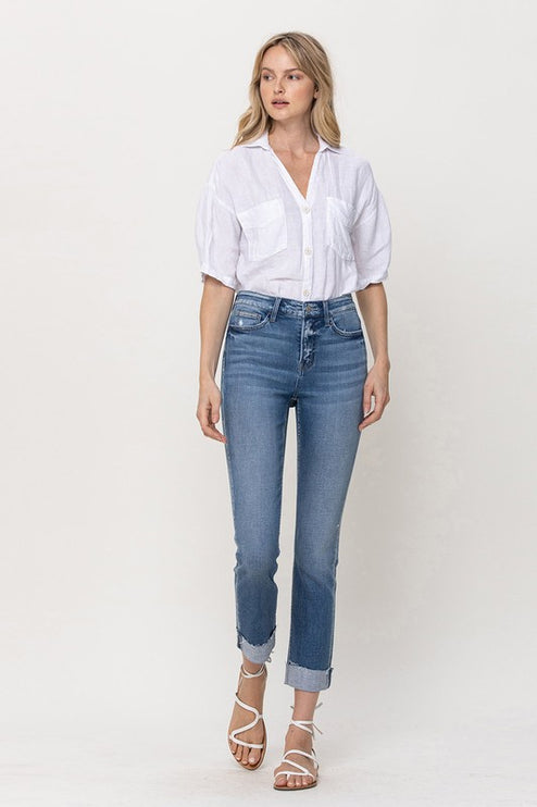 Mid-Rise Single Cuffed Crop Slim Straight Jeans - Accessoriesforever