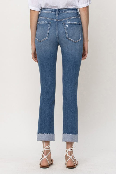 Mid-Rise Single Cuffed Crop Slim Straight Jeans - Accessoriesforever