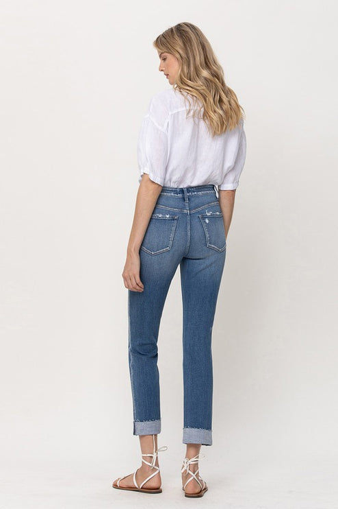 Mid-Rise Single Cuffed Crop Slim Straight Jeans - Accessoriesforever