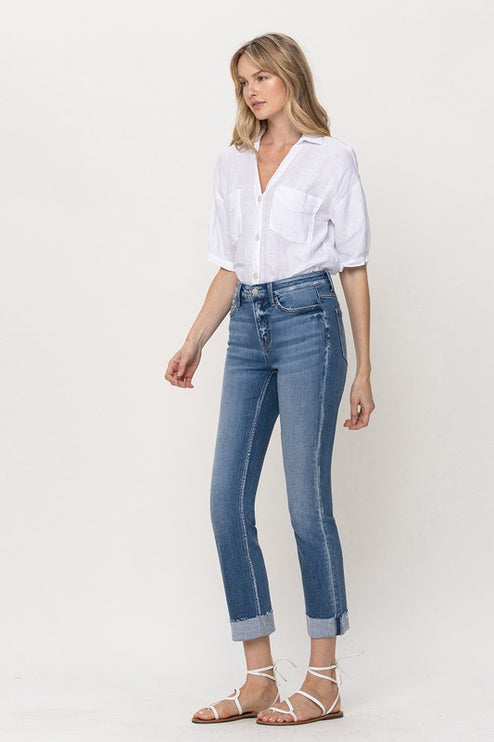 Mid-Rise Single Cuffed Crop Slim Straight Jeans