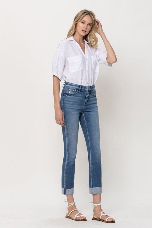 Mid-Rise Single Cuffed Crop Slim Straight Jeans - Accessoriesforever