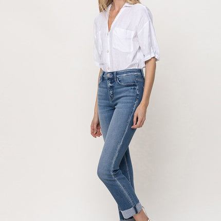Mid-Rise Single Cuffed Crop Slim Straight Jeans - Accessoriesforever