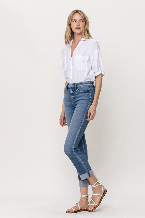 Mid-Rise Single Cuffed Crop Slim Straight Jeans