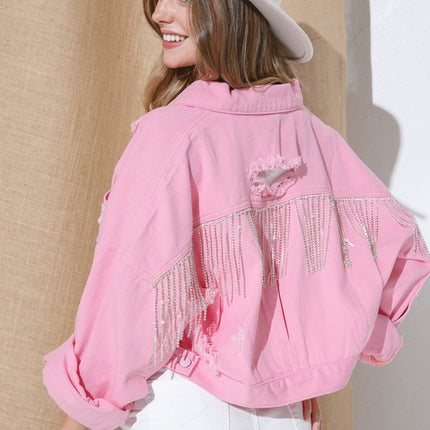Stylish Rhinestone Fringe Long Sleeve Distressed Denim Jacket