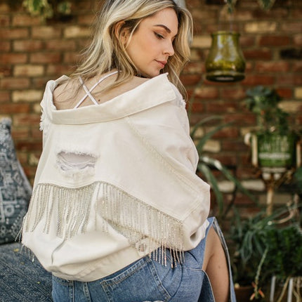 Stylish Rhinestone Fringe Long Sleeve Distressed Denim Jacket