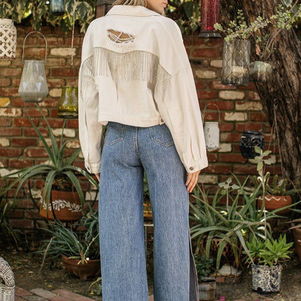 Stylish Rhinestone Fringe Long Sleeve Distressed Denim Jacket
