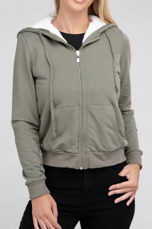 Cropped Fuzzy-Lined Zip-Up Hoodie with Long Sleeves