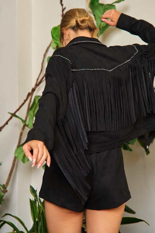 Boho Suede Fringe Jacket with Stud Details and Button Front