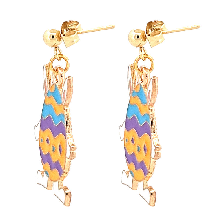 Easter Egg Bunny Enameled Charm 24K Gold Plated Hypoallergenic Stud Post Dangle Earrings Purple Orange