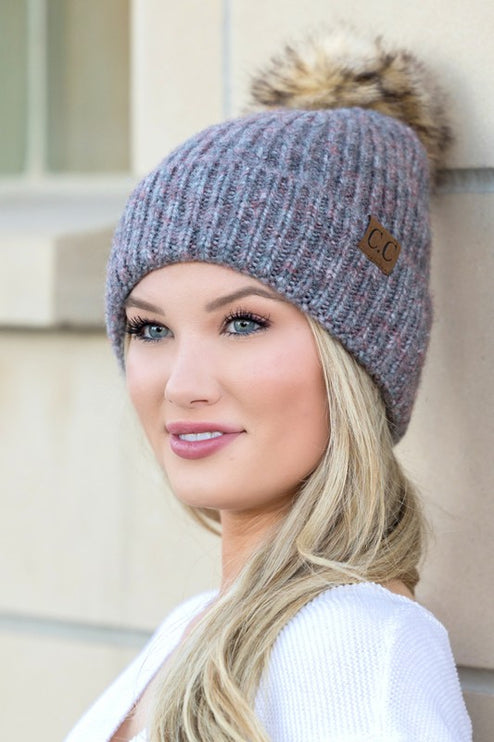 Soft Cozy Heathered Knit Pom Pom CC Marled Beanie Hat