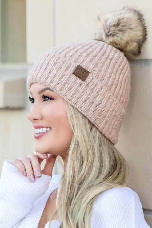 Soft Cozy Heathered Knit Pom Pom CC Marled Beanie Hat