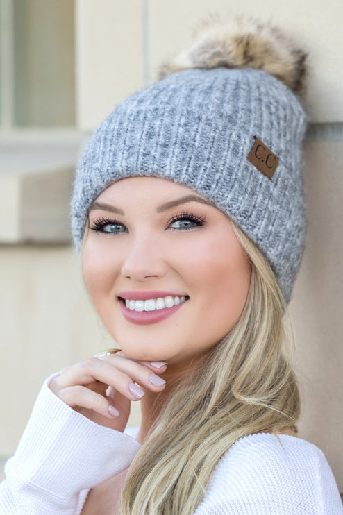 Soft Cozy Heathered Knit Pom Pom CC Marled Beanie Hat