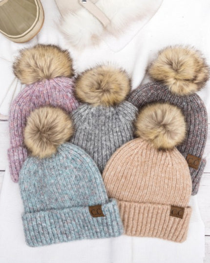 Soft Cozy Heathered Knit Pom Pom CC Marled Beanie Hat