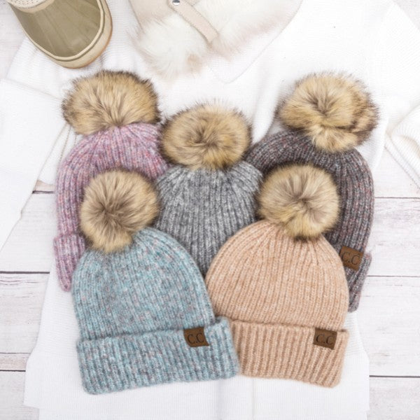 Soft Cozy Heathered Knit Pom Pom CC Marled Beanie Hat