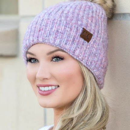 Soft Cozy Heathered Knit Pom Pom CC Marled Beanie Hat - Accessoriesforever