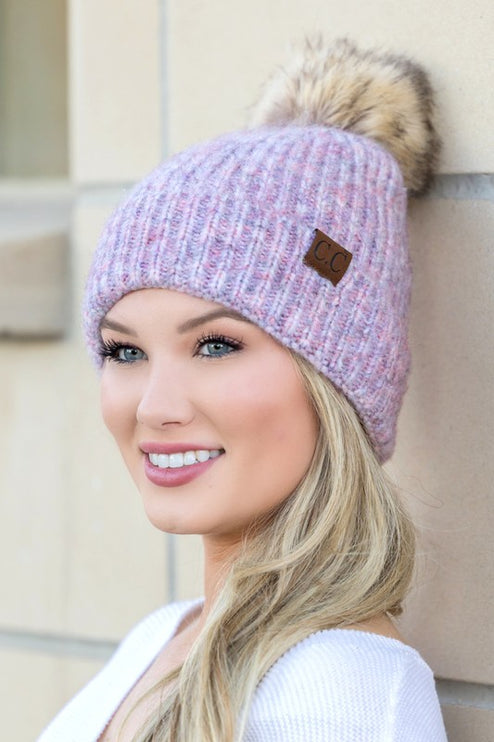 Soft Cozy Heathered Knit Pom Pom CC Marled Beanie Hat